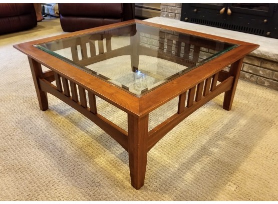 Vintage Mission Style Glass Top Wooden Coffee Table