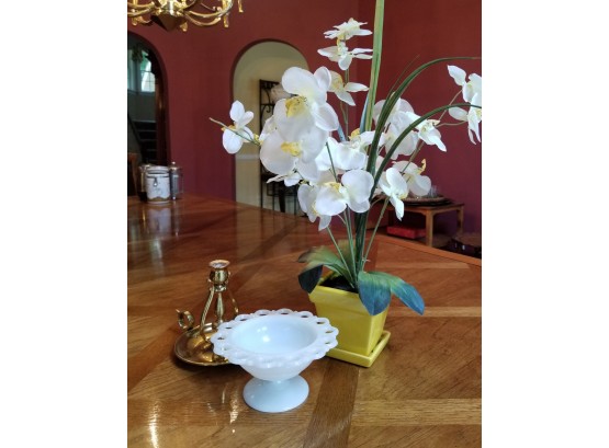 Silk Orchid, Brass Chamberstick & Milk Glass Footed Bowl