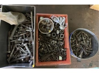 Three Bins Of Large Bolts And Nuts