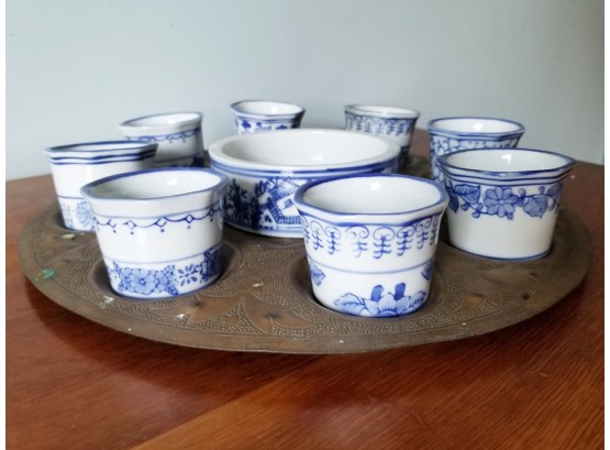 Vintage Blue & White Porcelain Cups & Brass Tray Kiddish Set
