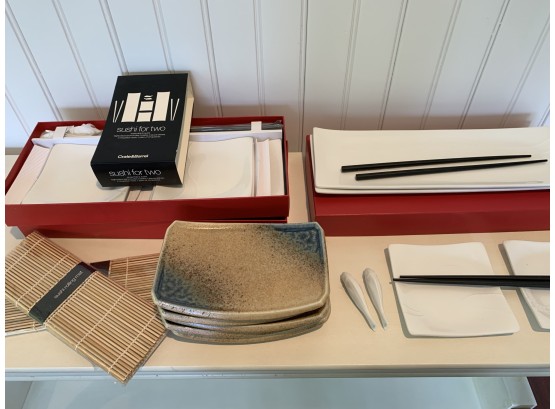 Crate & Barrel 'Sushi For Two' Eight Piece Set - 2 Sets Plus Additional Plates & New Rolling Mats