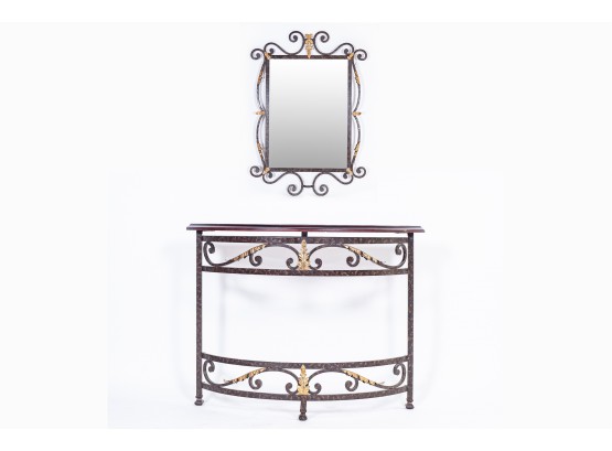 Wrought Iron & Gold Leaf Console & Mirror
