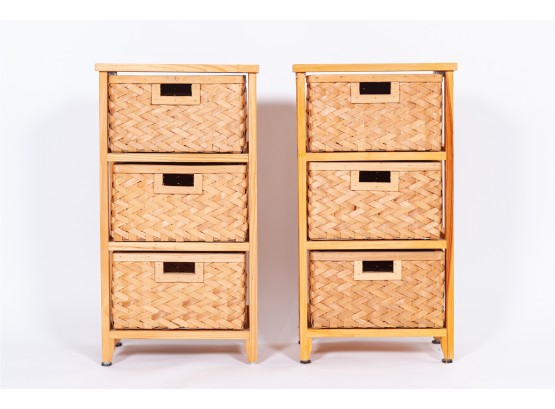 Pair Of Natural Wood & Basket Storage Units