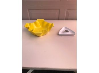Vintage Mid Century Yellow Bowl And Newer Triangular Oliver Dish