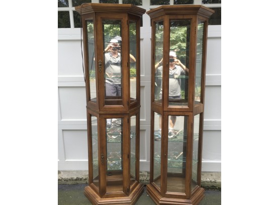 Pair Of Hardwood  And Glass Lighted Curio Display Cabinets