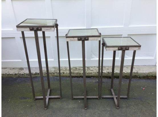 Set Of Three Aluminum And Glass Mirror Top Stands