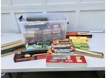 Bin Full Of Vintage H.O. Scale Railroad Cars And Accessories