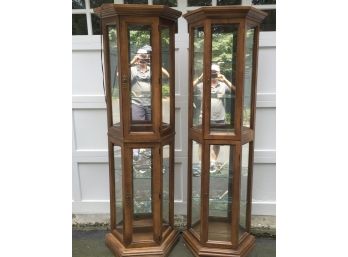 Pair Of Hardwood  And Glass Lighted Curio Display Cabinets
