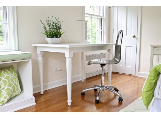 Painted White Wood Desk Table And Brushed Chrome Adjustable Grey Wooden Desk Chair