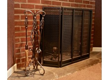 Bronze-finish Fireplace Screen And “Twisted” Burnished Steel Fire Tool Set