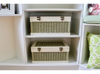 Pair Of Green Wicker Off White Wood Storage Boxes