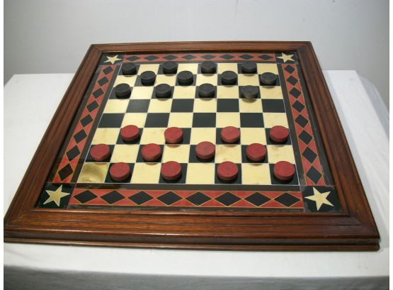 Amazing Antique Victorian Checkers Set W/Glass Top (Reverse Painted) 1900 ?