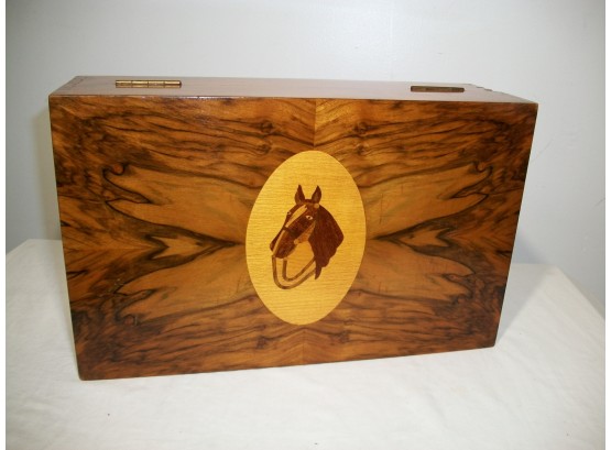 STUNNING  Vintage Inlaid Poker Box W/Horsed Head - Cherry & Rosewood
