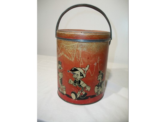 Rare 1940's Disney / Pinocchio Lunch Pail / Tin Can W/Lid