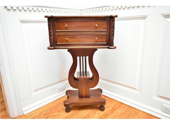 Antique European Mahogany Double Harp Lyre Base Two Drawer Accent Table Purchased In Bruges