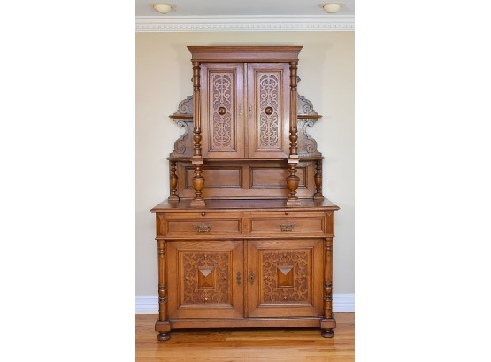 19th Century German Antique Oak Hutch Sideboard Cabinet, Purchased In Germany, Carved, Applied Pilaster Decorations, Trumpet Turnings.