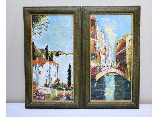 Signed 'Bauer' Painting Originals On Canvas, Landscape Pair, Purchased In France, Framed 24'x14'