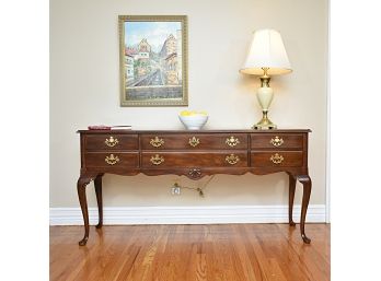 Drexel Heritage Mahogany Queen Anne Style Server Six Drawer Pad Foot Console Table, Brass Willow Mount W/ Bail Handle Pulls