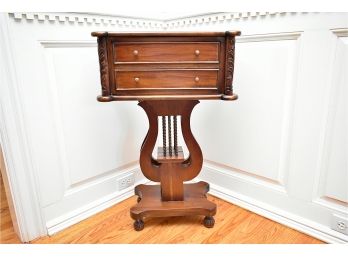 Antique European Mahogany Double Harp Lyre Base Two Drawer Accent Table Purchased In Bruges