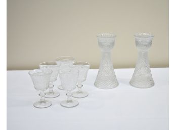 7 Piece Pressed Glass Glassware And Candle Holders