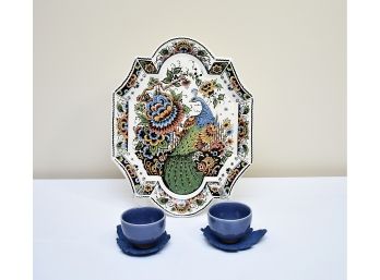Handmade Delft Platter And Tea Cups