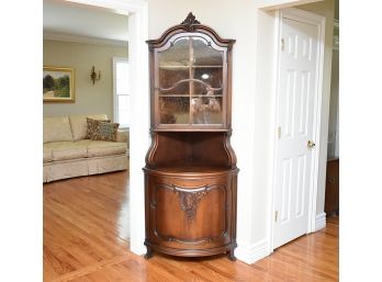 Antique Glazed Bow Front Corner Cupboard, Seed Glass, Carved Pediment,  Purchased In Germany