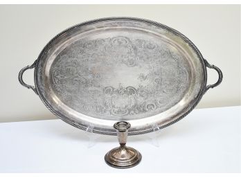 21' SP Tray And Weighted Sterling Silver Candlestick Holder