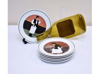 Six William Sonoma 'chef Series' Plates And Wine Bottle Serving Tray
