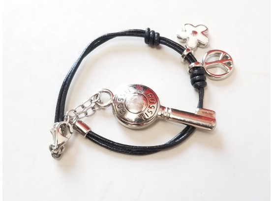 Fossil Leather Cord Bracelet W/ 3 Silver Tone Charms