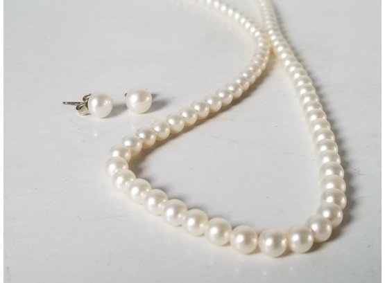 Solid 10K Gold Genuine Cultured Pearls Necklace & 925 Post Genuine Pearl Studs