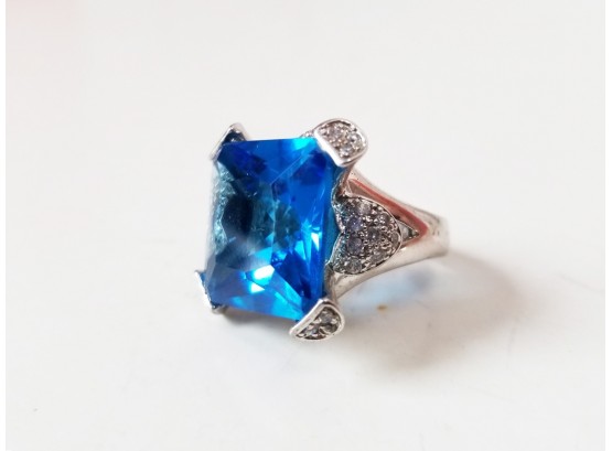 Sterling Silver Cocktail Ring W/Huge Simulated Sapphire & CZ Accents Sz 6.5