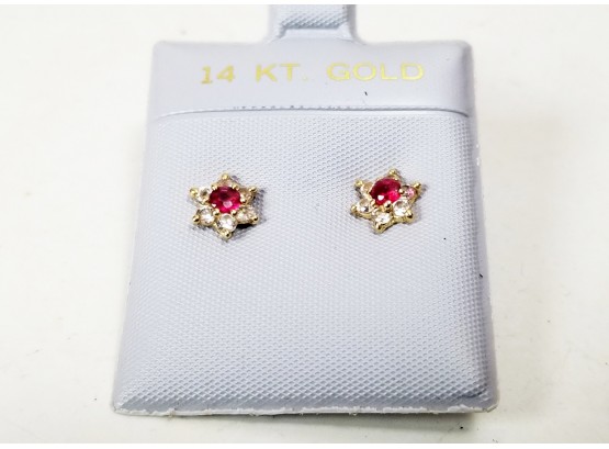 14K Yellow Gold Red Gem & CZ Flower Earrings