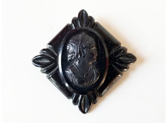 Antique Victorian Carved Black Bakelite Cameo Brooch