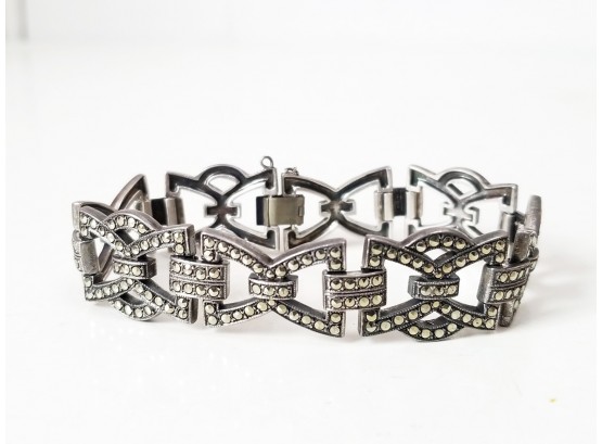 Sterling Silver Marcasite Encrusted Deco Style Linked Bracelet