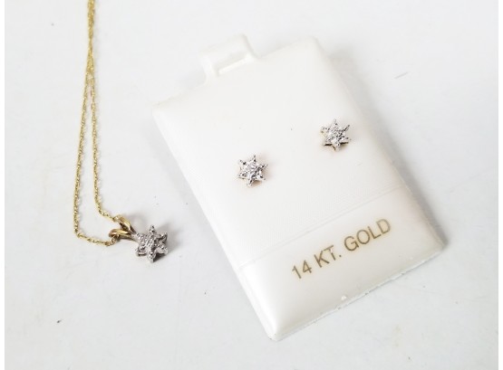 Dainty 14K Gold & Diamond Snowflake Pendant Necklace & Earrings Set