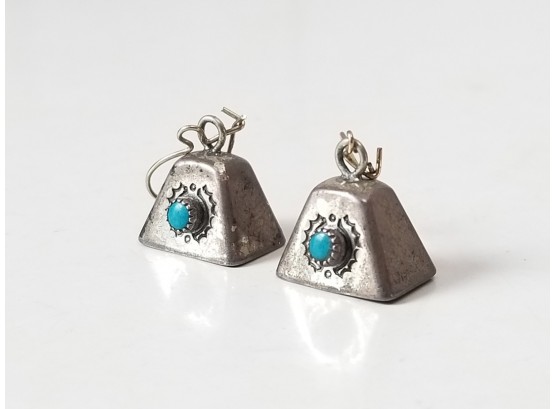 Southwestern Style Sterling Silver Articulated Cow Bells & Turquoise Earrings