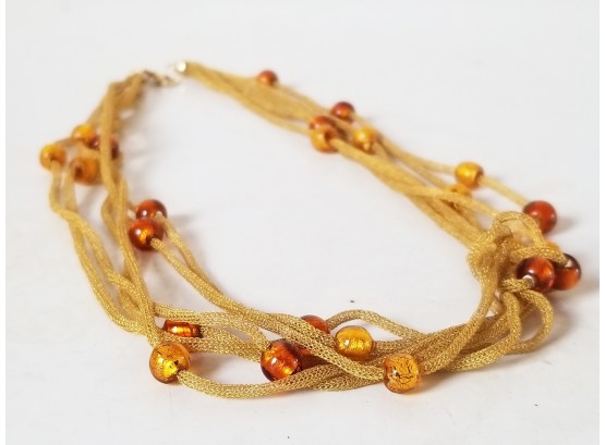 14K Soft Gold 6 Strand Solid Yellow Gold Mesh & Amber Glass Necklace