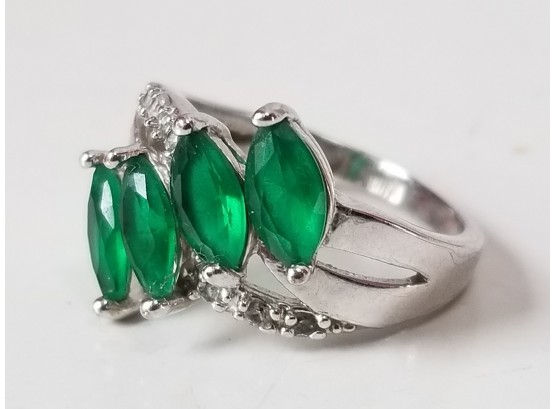 Sterling Silver Marquise Simulated Emerald & CZ Fashion Ring Sz 6.5