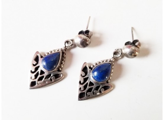 Boho Style Sterling Silver Lapis Lazuli Pierced Dangle Earrings