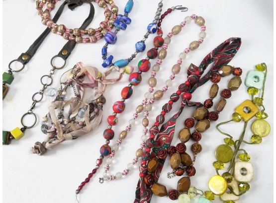 Large Assortment Of Vintage Bohemian Style Colorful Beaded Fabric Fashion Necklaces