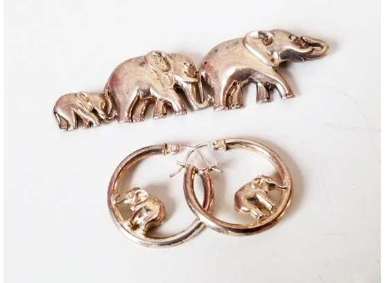 Sterling Silver Elephant Trio Brooch & Hoop Earrings