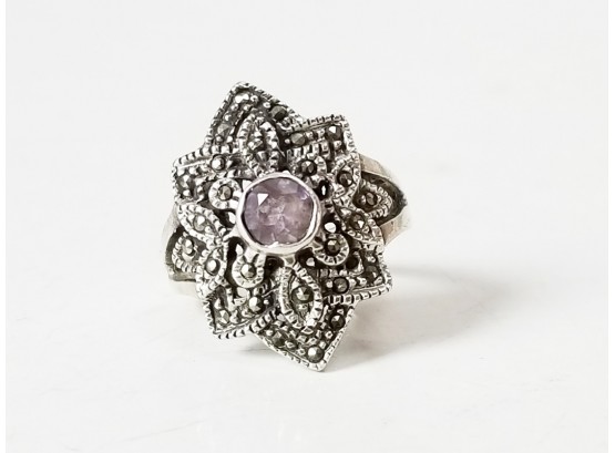 Sterling Silver Round Amethyst & Marcasite Flower Cocktail Ring Sz. 5.5