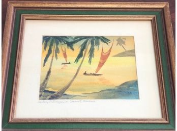 Signed, Watercolor Of Outriggers In The Sunset Hawaii