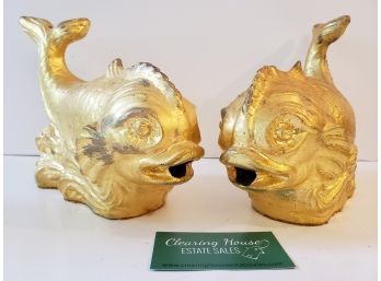Heavy Cast Iron Ornamental Fish Finished In Gold Tone