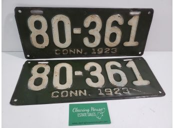 Antique Pair 1923 Connecticut Licence Plates - NICE