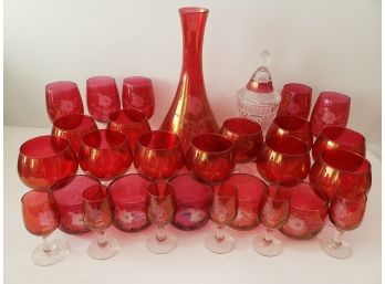 Beautiful Engraved Red & Clear Glass Ware