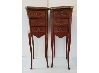 Pair Of  Antique French Ormolu Marble Top Tables With Wood Inlay