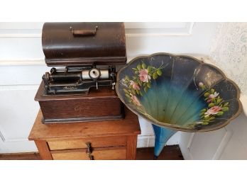 Antique Edison Cylinder Phonograph With Beautiful Hand Painted Horn
