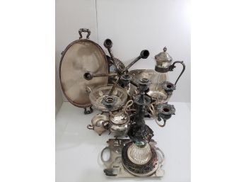 Collection Of Silver Plated Serving Items & Candelabrum