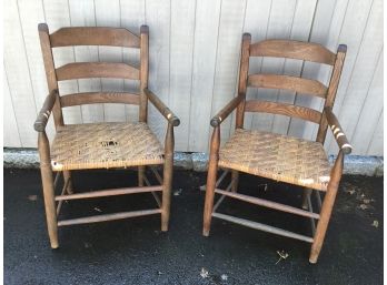 Early Oak Arm Caned Chairs Set Of 2
